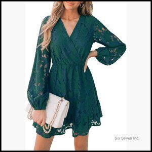 Lace Peasant Sleeve V Neck A Line Mini Dress Elastic High Waist Casual